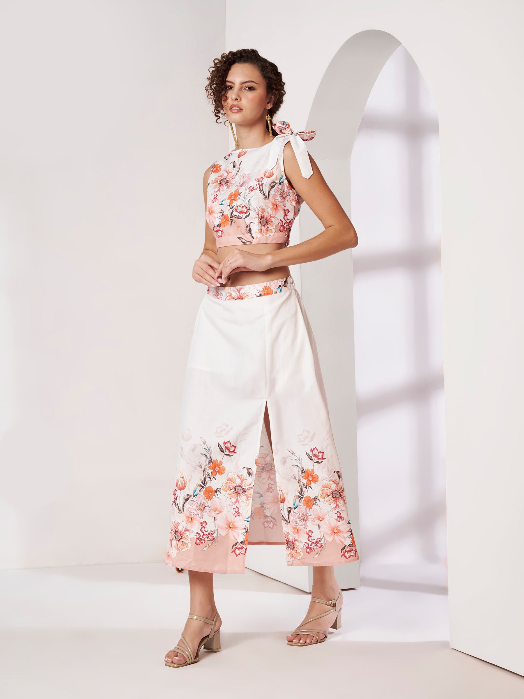 Women's White Floral Crop Top & Wrap Midi Skirt Co-Ord Set