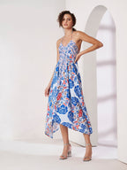 Women's White & Blue Floral Handkerchief Hem Maxi Dress