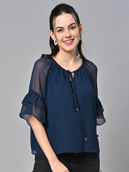 Valbone Women’s Blue Color Solid Top With Half-Sleeves