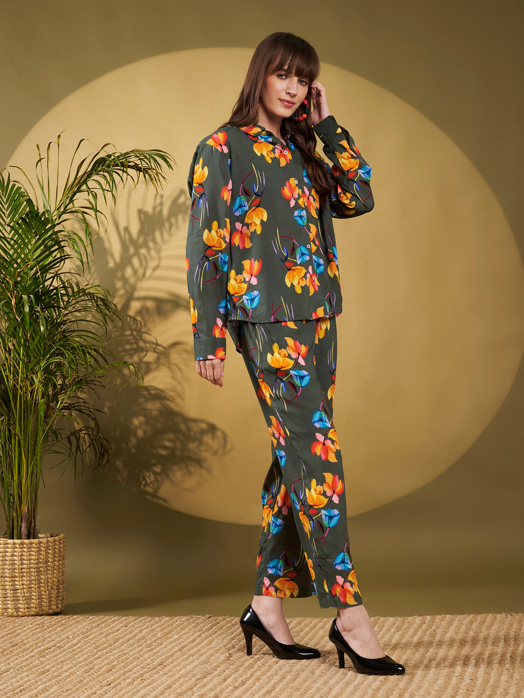 Olive Green Floral Printed Co-Ord Set
