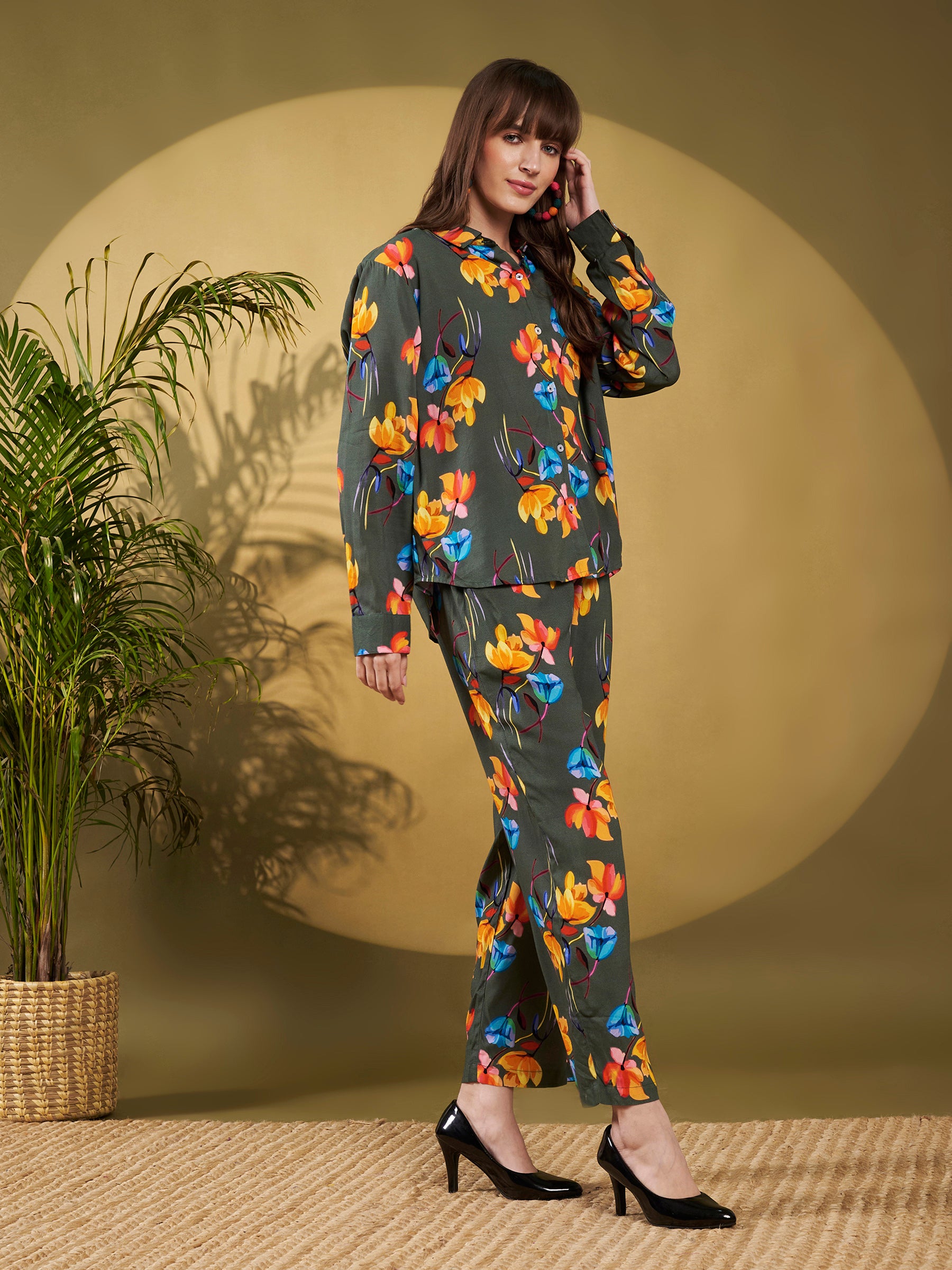 Olive Green Floral Printed Co-Ord Set