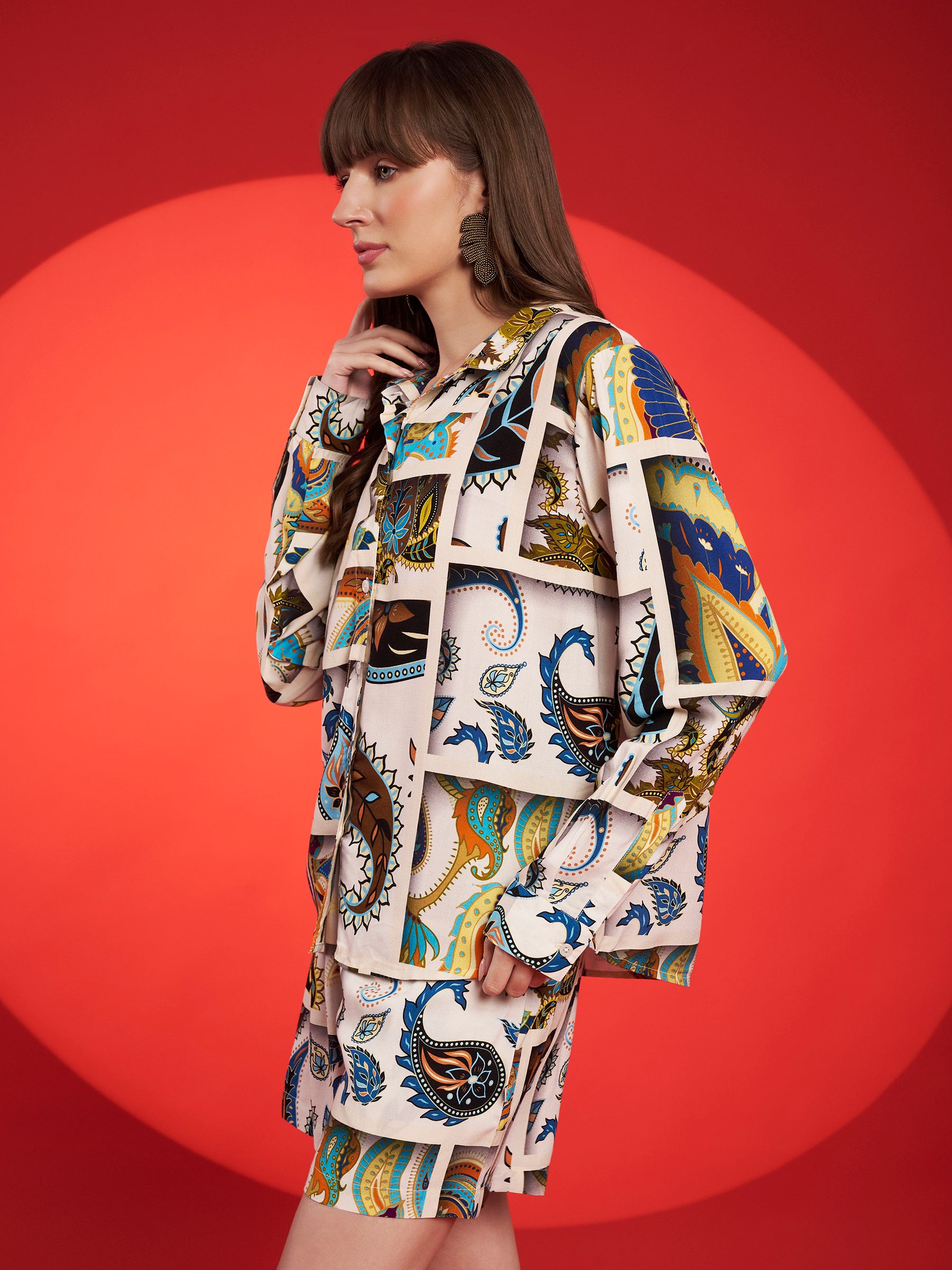 Beige Multicolor Paisley Printed Shirt-Shorts Co-Ord Set