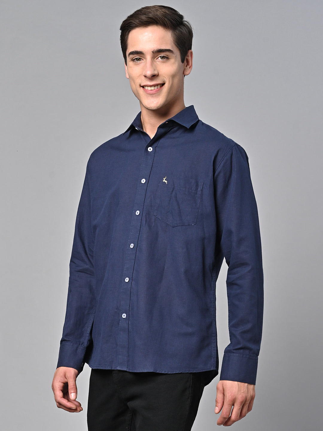 Valbone Men's Solid Blue Printed Linen Casual Shirt
