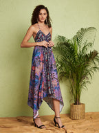 Women's Purple Floral Handkerchief Hem Midi Dress