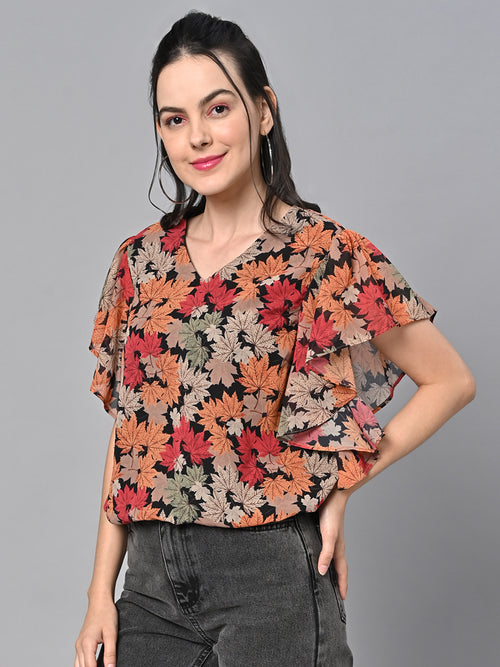 Valbone Women’s Orange Georgette Print Top Short Sleeves
