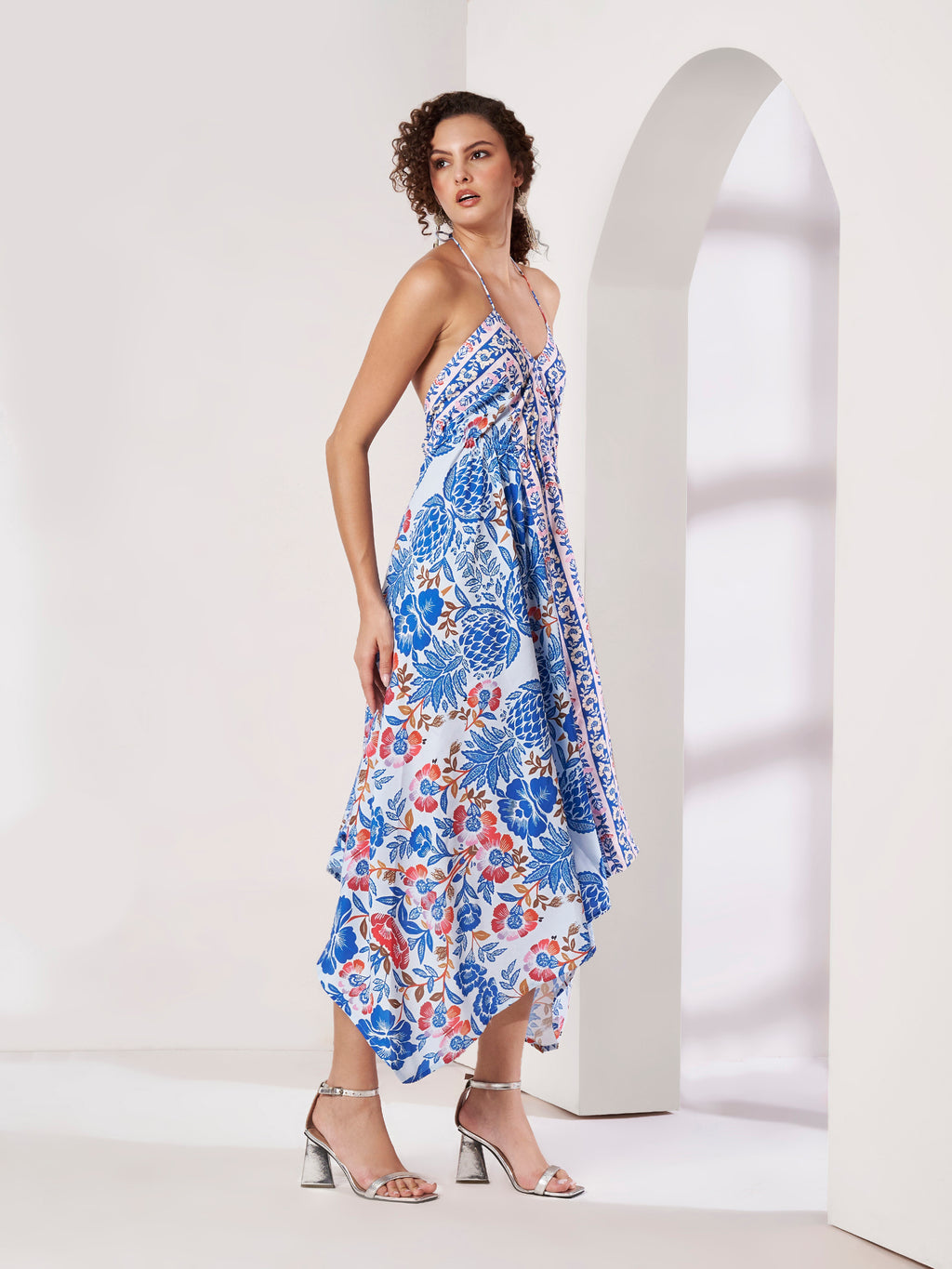 Women's White & Blue Floral Handkerchief Hem Maxi Dress