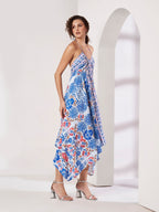 Women's White & Blue Floral Handkerchief Hem Maxi Dress