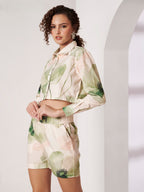 Women's Green Floral Print Crop Shirt & Shorts Co-Ord Set
