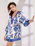 Women's Blue Floral Kimono Wrap Mini Dress