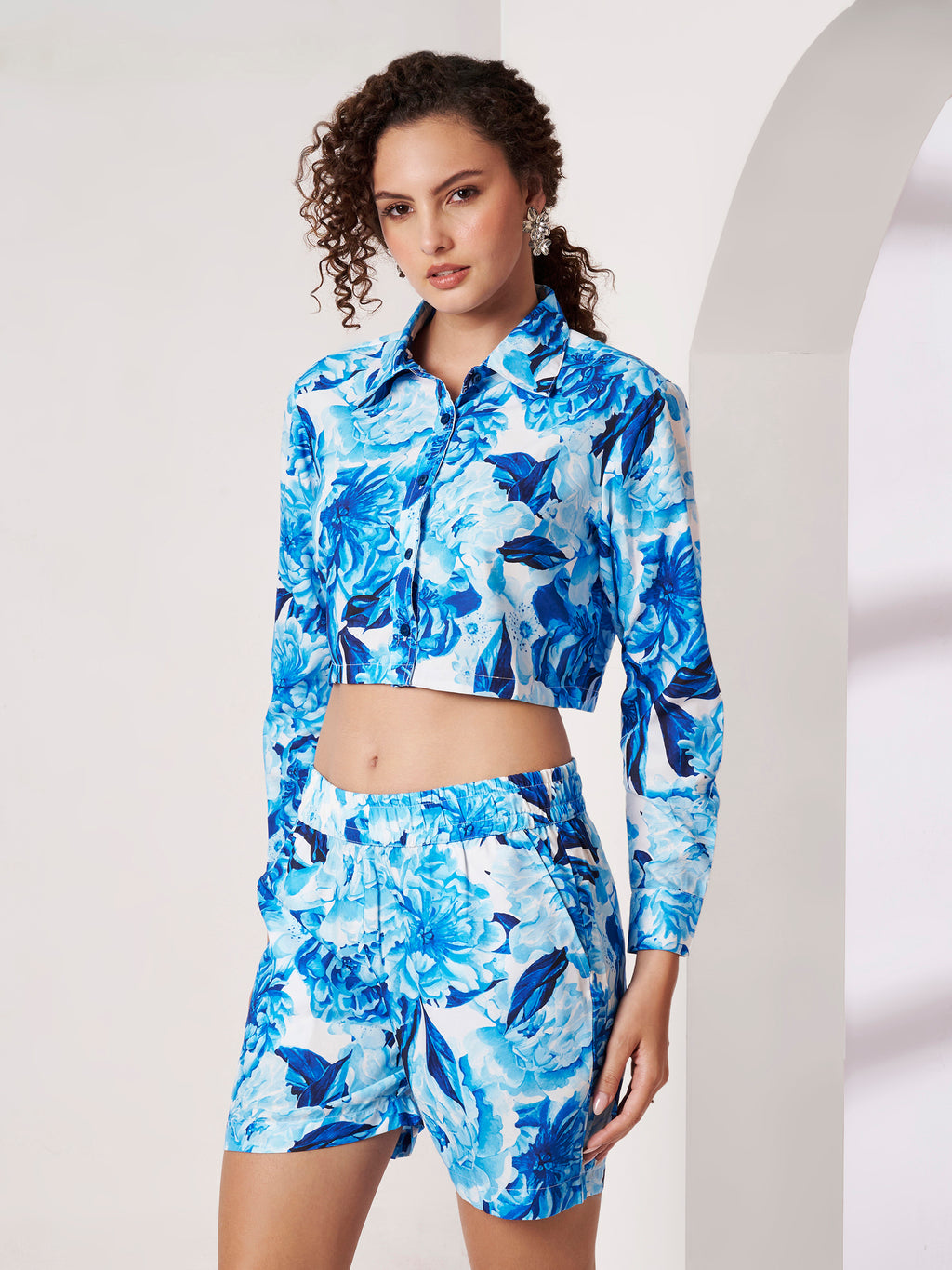 Women's Blue Floral Print Crop Shirt & Shorts Co-Ord Set