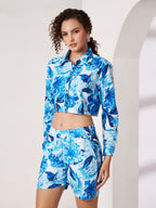 Women's Blue Floral Print Crop Shirt & Shorts Co-Ord Set