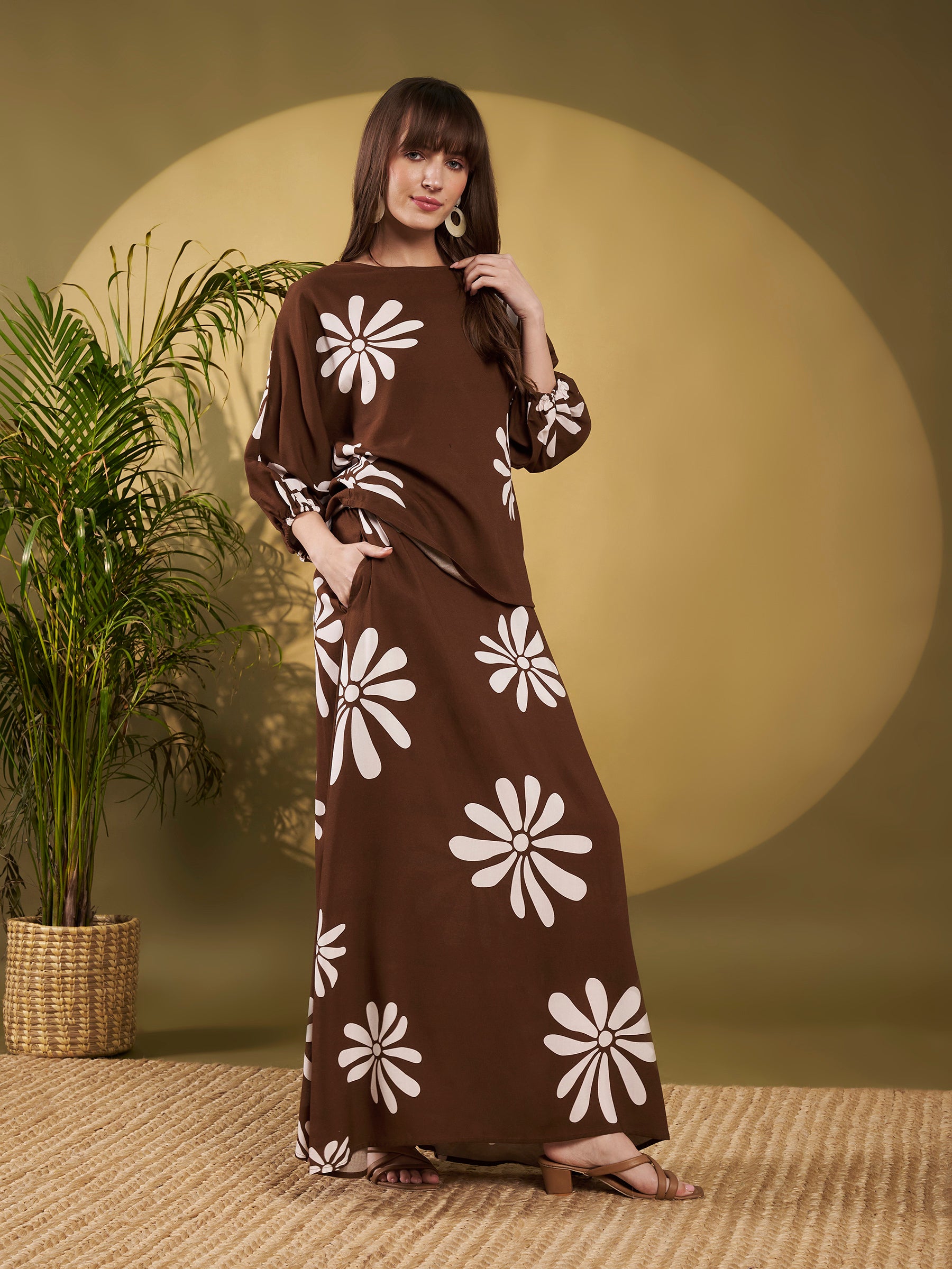 Chocolate Brown Floral Maxi Co-Ord Set