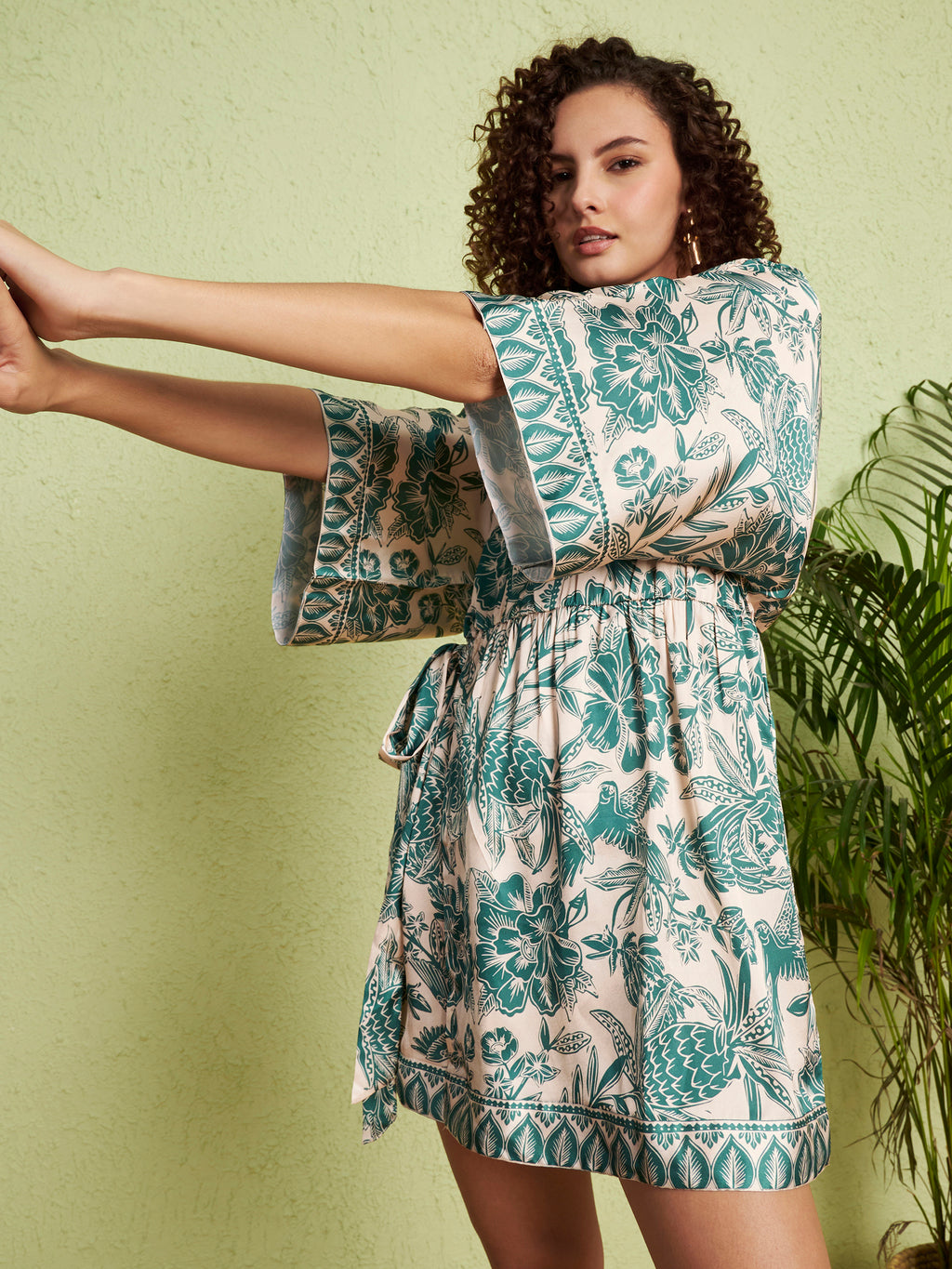 Women's Green Botanical Kimono Wrap Mini Dress