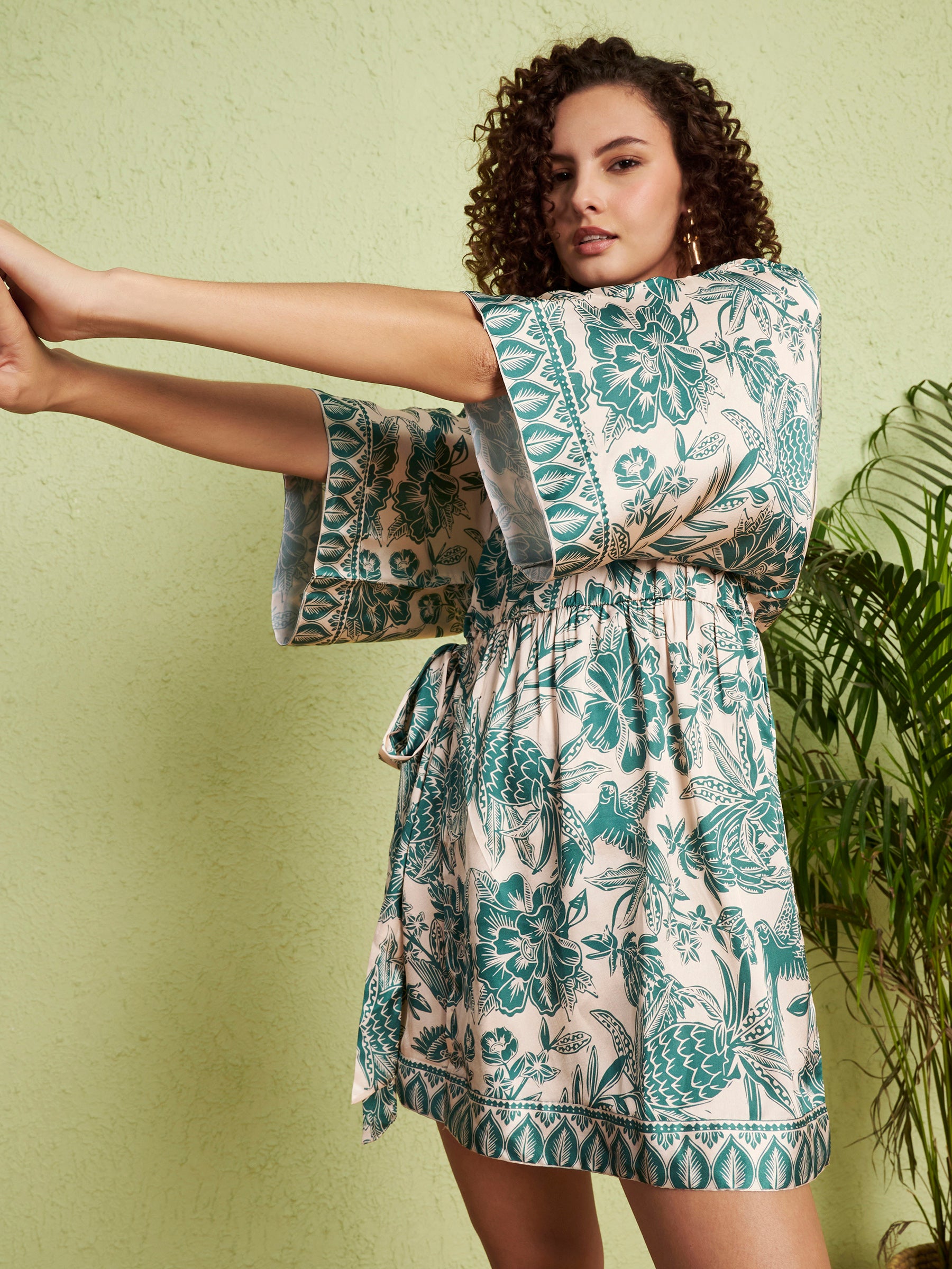 Women's Green Botanical Kimono Wrap Mini Dress