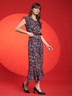 Navy Floral Belted Midi Dress
