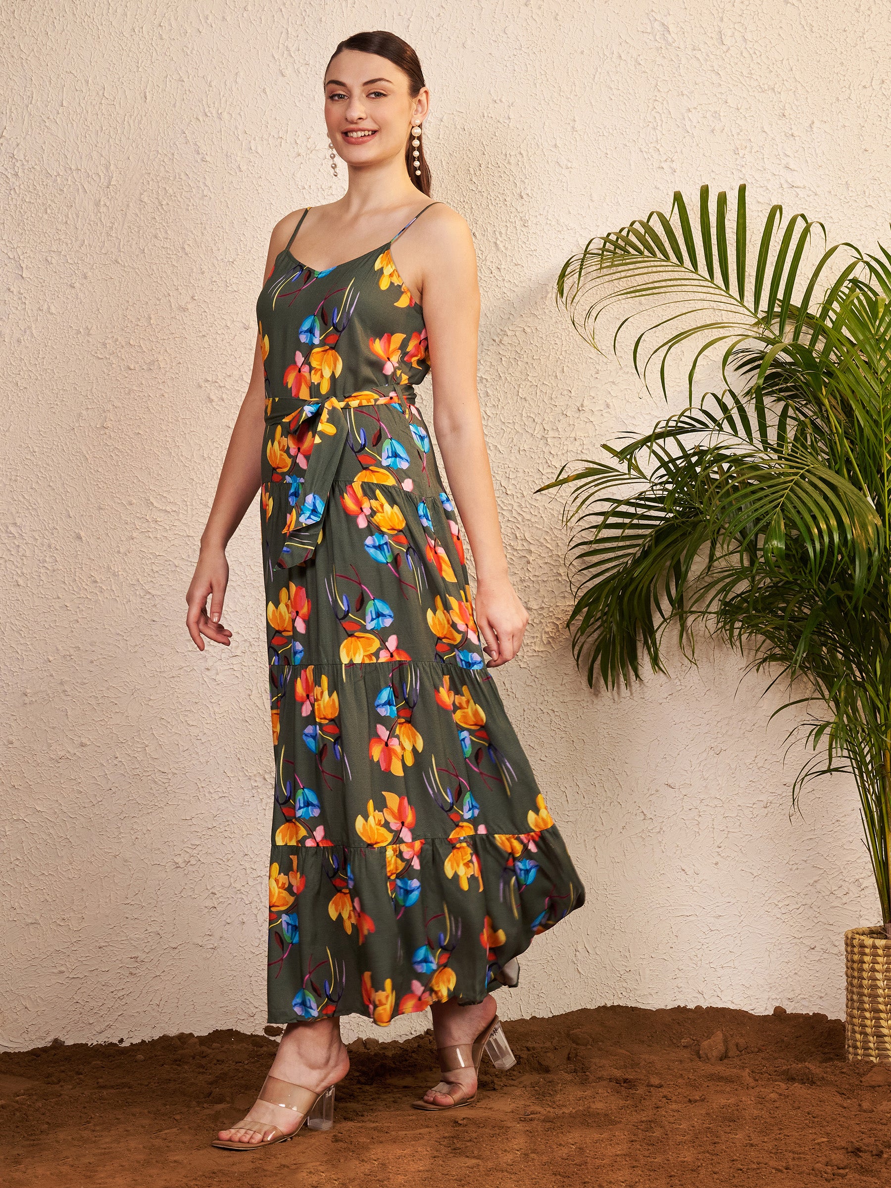 Women's Olive Green Floral Printed Tiered Maxi Dress | Sleeveless Tie-Up Waist Summer Dress