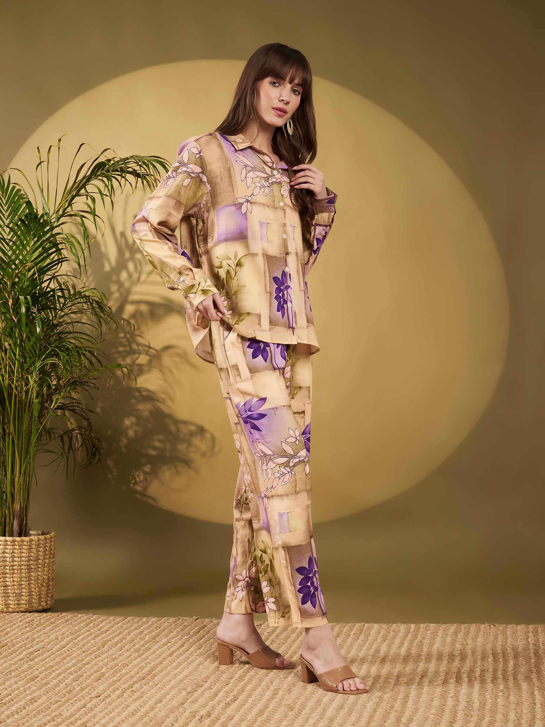 Beige & Lavender Abstract Floral Co-Ord Set