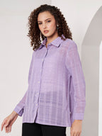 Women Lavender Checked Regular Fit Full Sleeve Casual Shirt