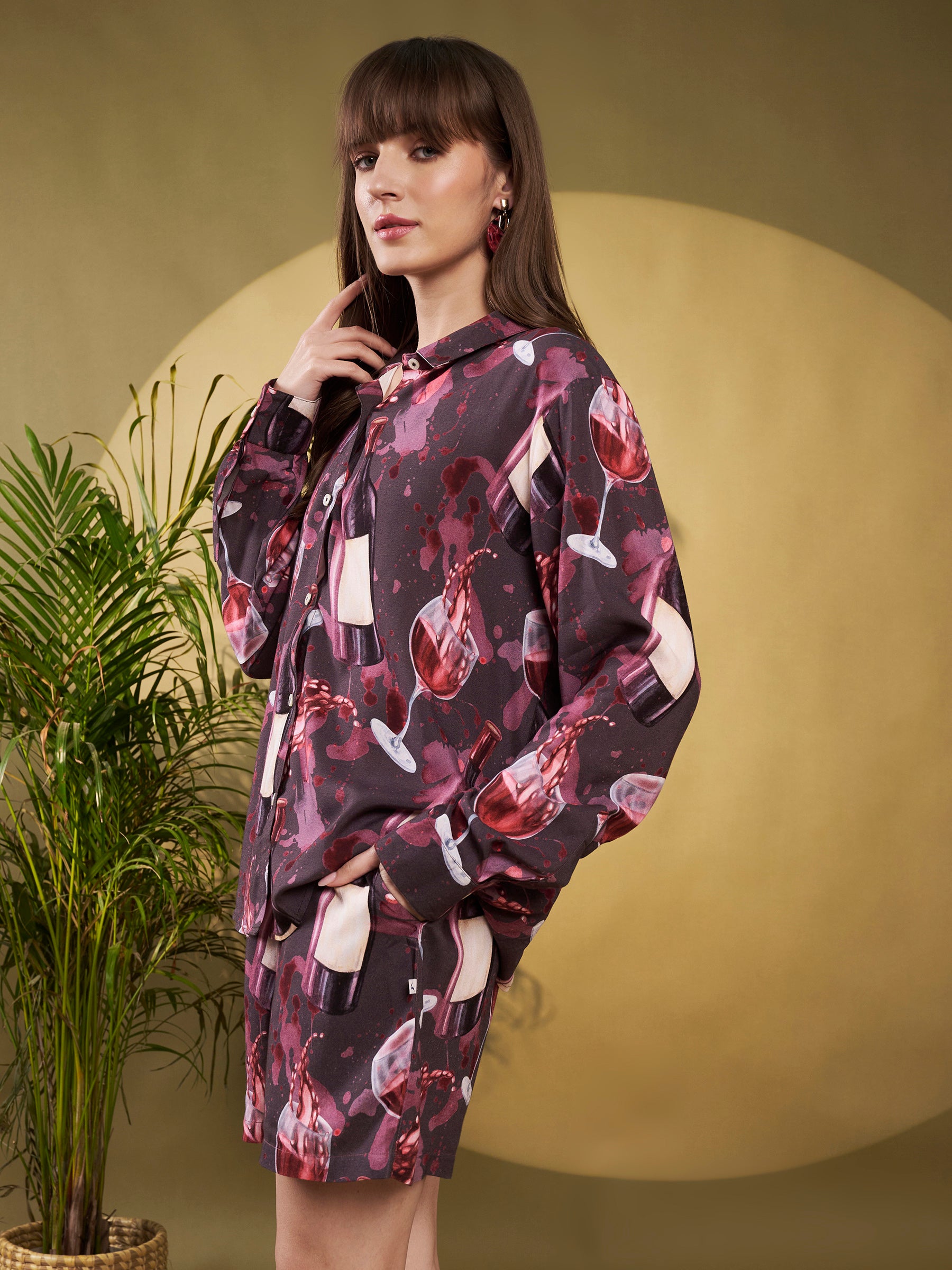 Burgundy Wine Printed Shirt-Shorts Co-Ord Set