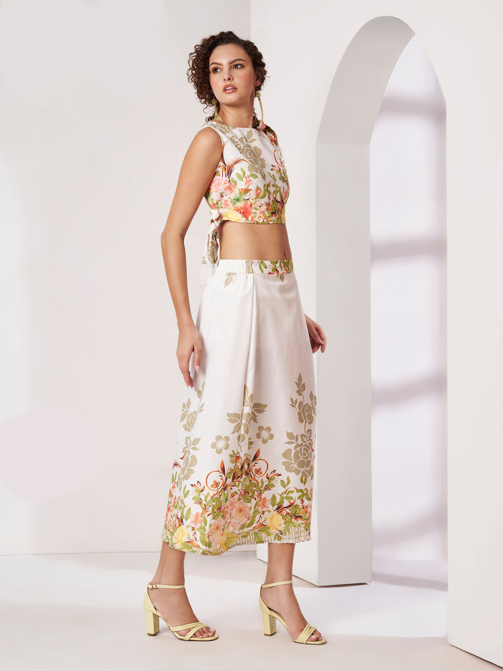 Women's White Floral Crop Top & Wrap Midi Skirt Co-Ord Set