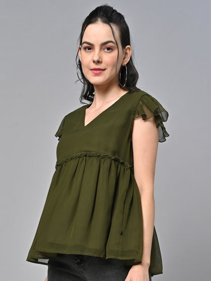 Valbone Women’s Olive Green Georgette Solid Top With Short-Sleeves