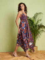Women's White & Blue Floral Kimono Sleeve Wrap Mini Dress