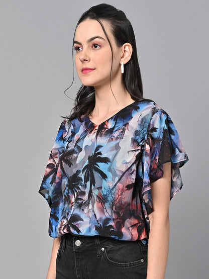 Valbone Women’s Digital Printed Georgette Top With Short-Sleeves