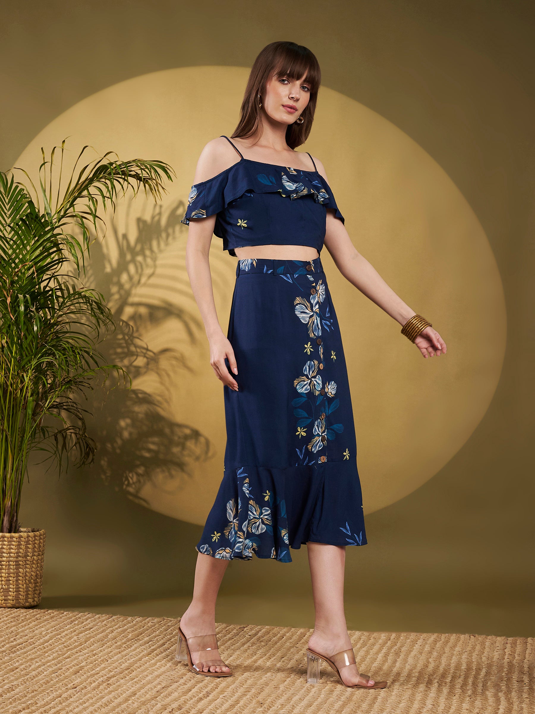 Navy Floral Ruffle Co-Ord Skirt Set
