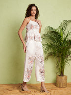 White Floral Peplum Top & Wide-Leg Pants Co-Ord Set