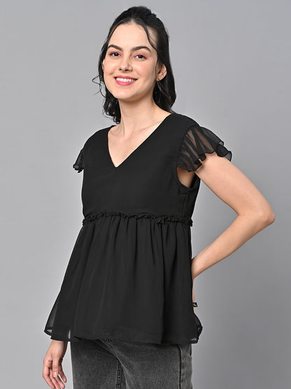 Valbone Women’s Black Georgette Solid Top With Short-Sleeves