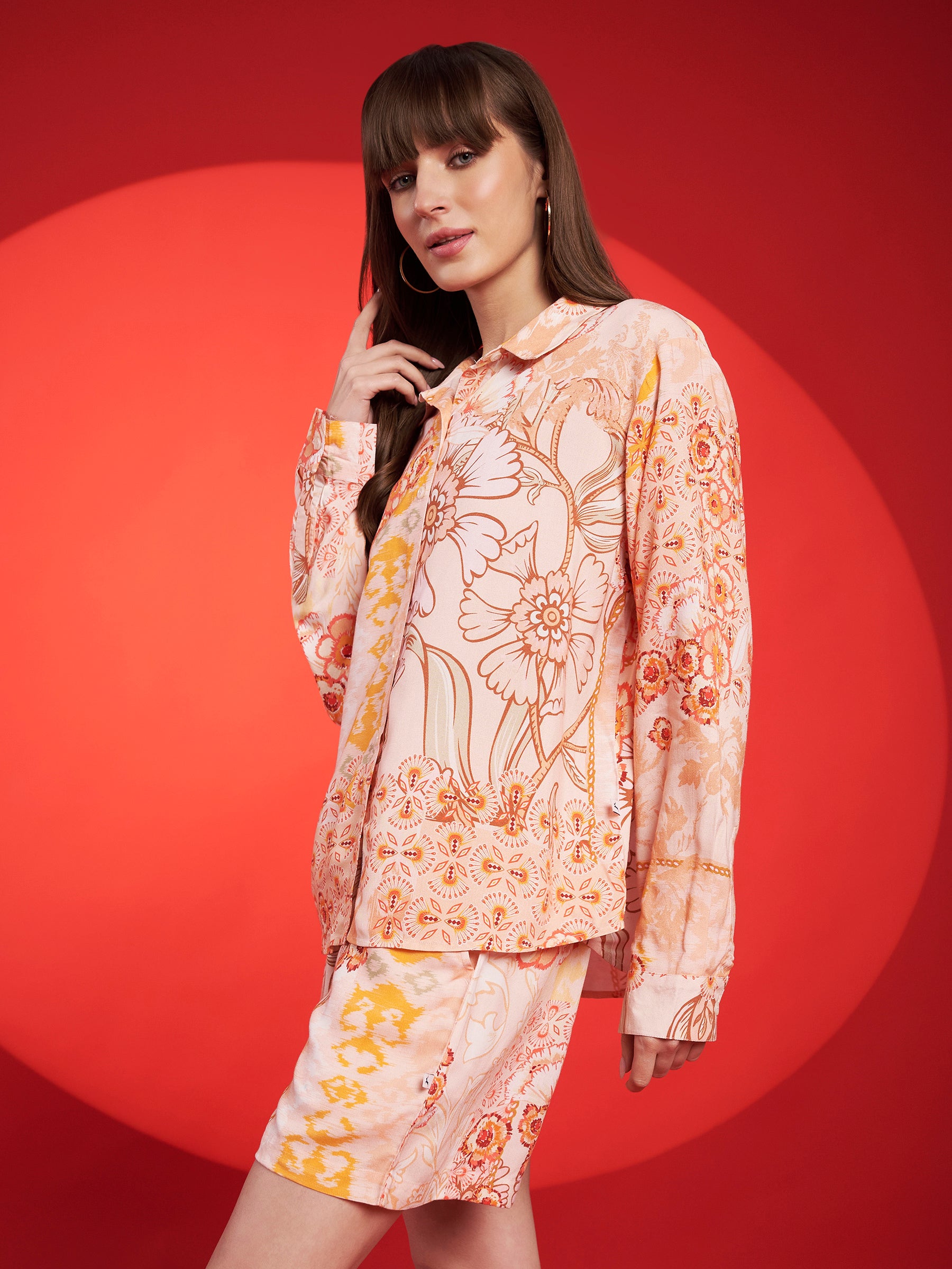 Peach & Mustard Floral Shirt-Shorts Co-Ord Set