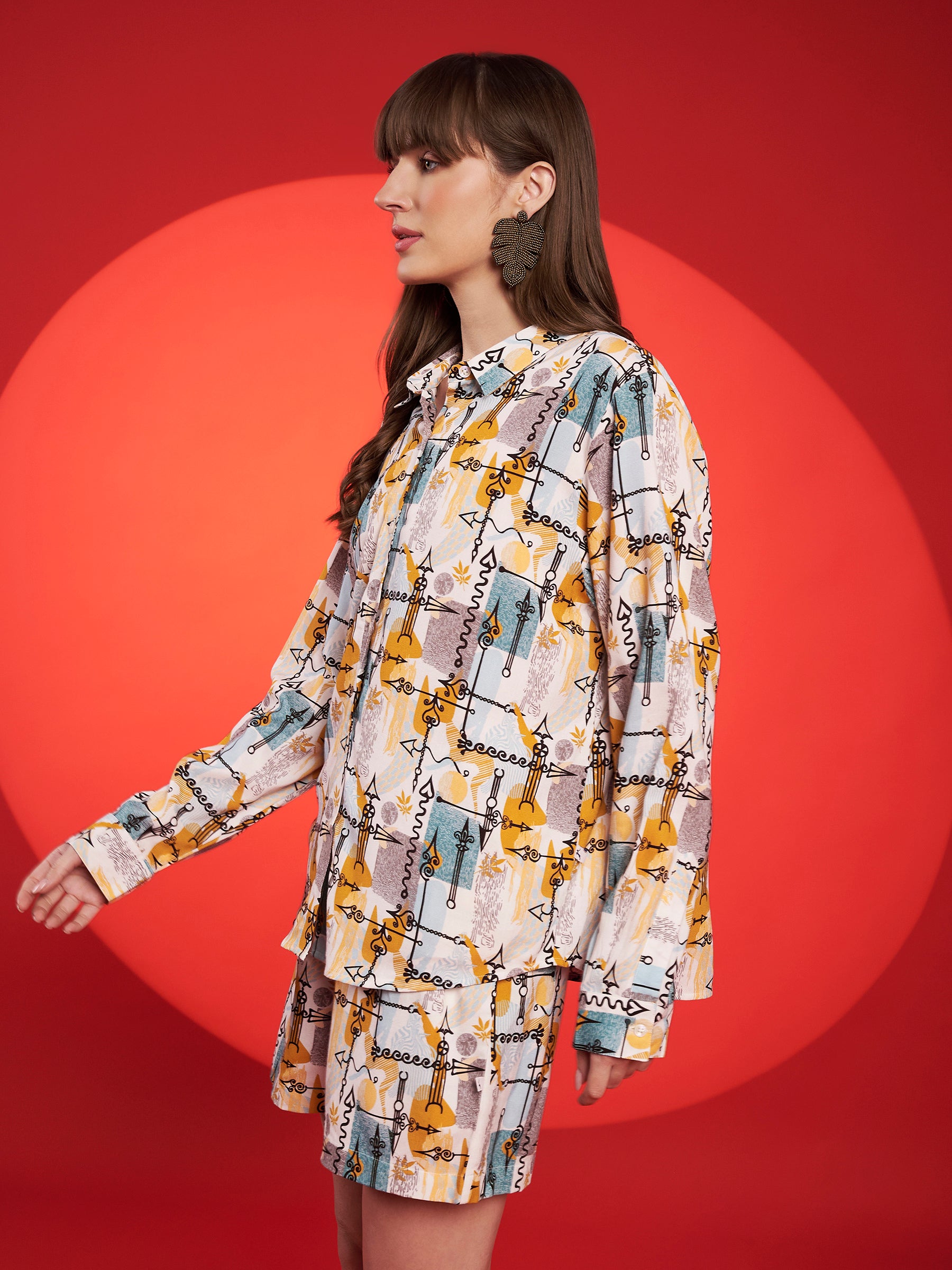Mustard & Grey Abstract Printed Shirt-Shorts Co-Ord Set