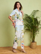 Women's Sky Blue Scenic Print Shirt & Straight-Fit Pants Co-Ord Set