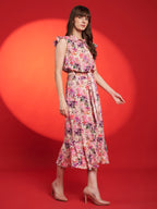 Blush Pink Floral Belted Midi Dress