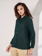 Women Dark Green Textured Regular Fit Full Sleeve Casual Shirt