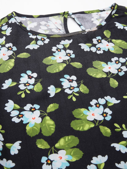Valbone Women's Western Wear Green Floral Printed Viscose Dress Half Sleeves