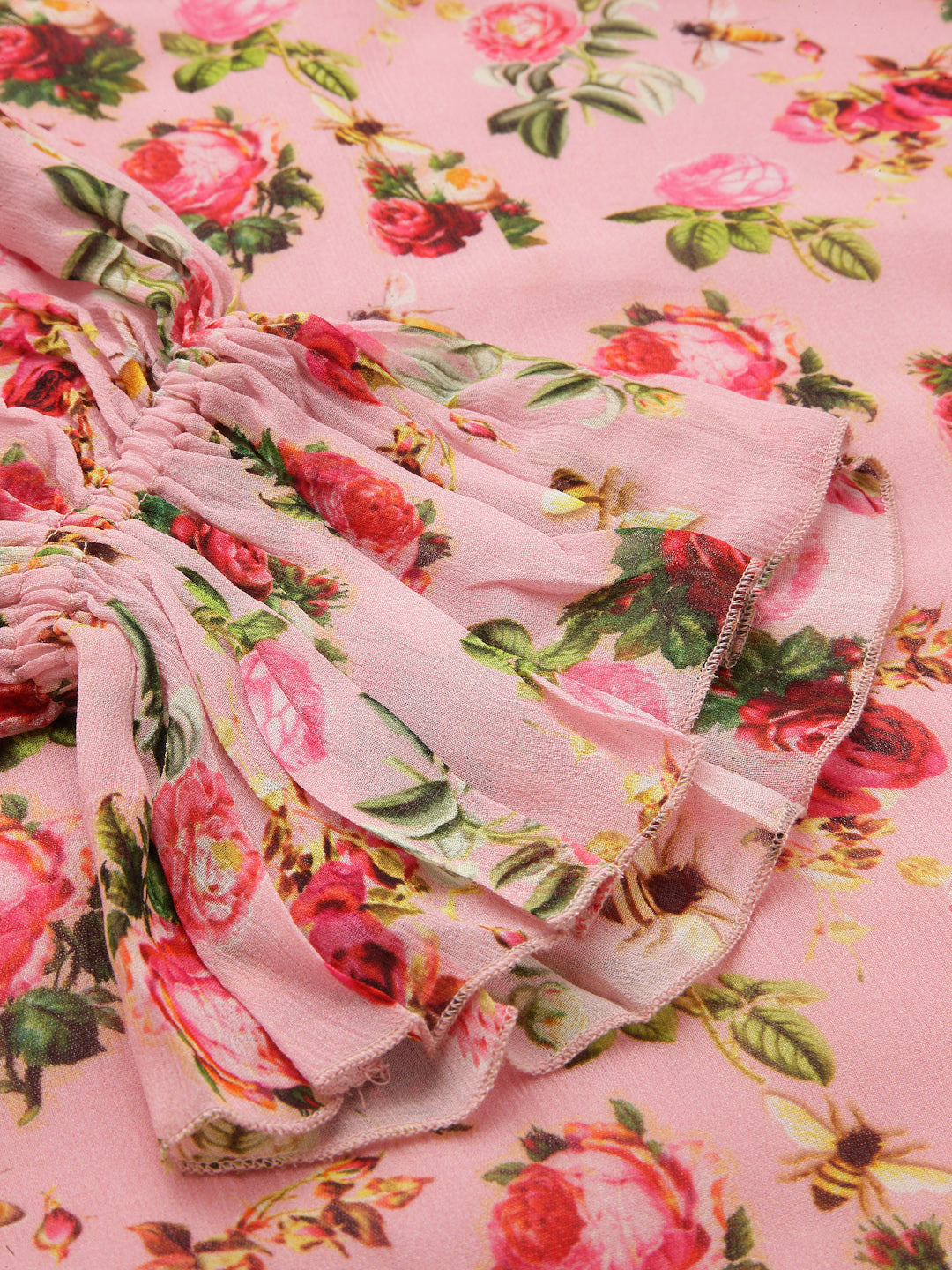 Valbone Women's  Pink Georgette Floral Printed Regular Fit Casual Tie-Neck Top