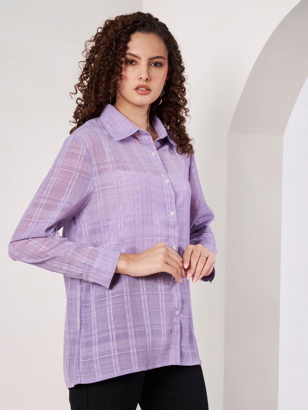 Women Lavender Checked Regular Fit Full Sleeve Casual Shirt
