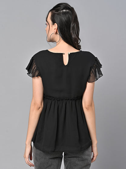 Valbone Women’s Black Georgette Solid Top With Short-Sleeves