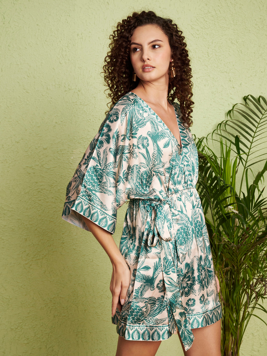 Women's Green Botanical Kimono Wrap Mini Dress