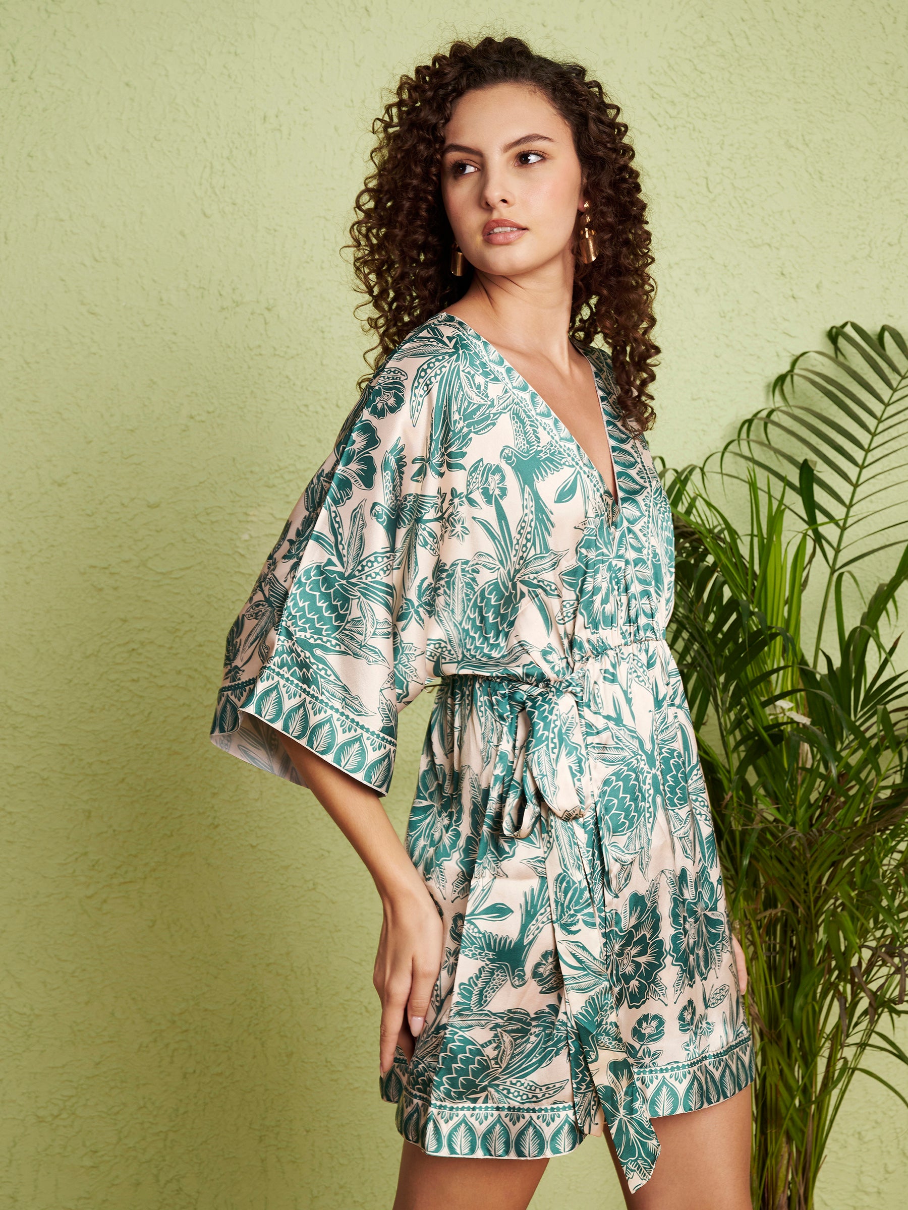 Women's Green Botanical Kimono Wrap Mini Dress
