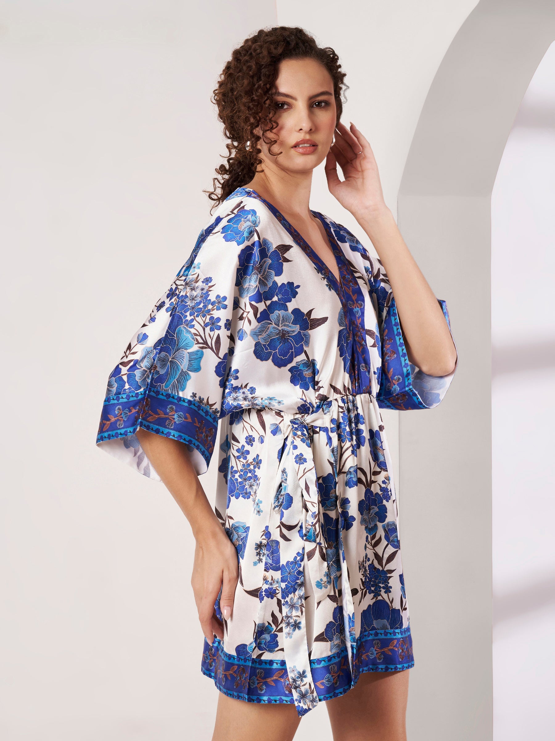 Women's Blue Floral Kimono Wrap Mini Dress