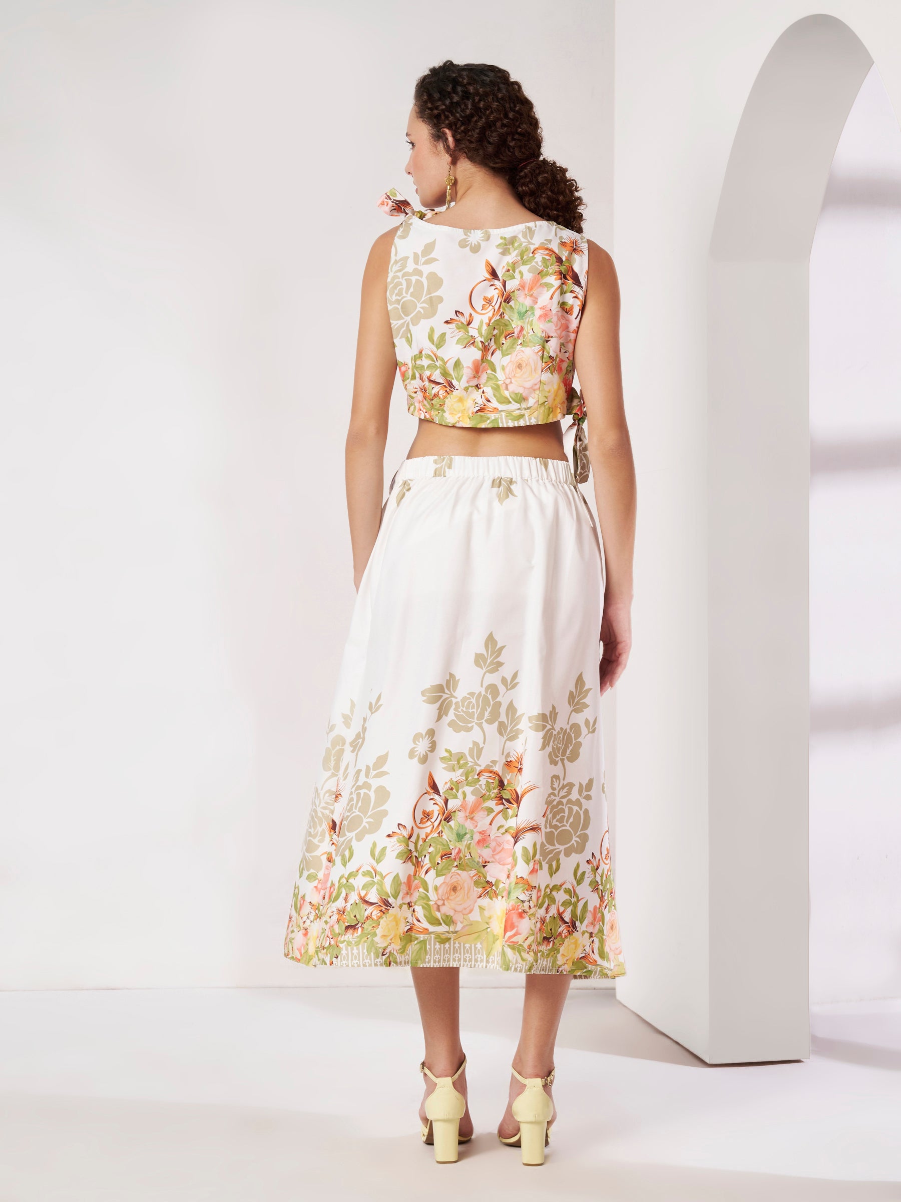 Women's White Floral Crop Top & Wrap Midi Skirt Co-Ord Set