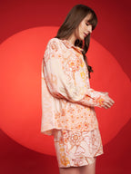 Peach & Mustard Floral Shirt-Shorts Co-Ord Set