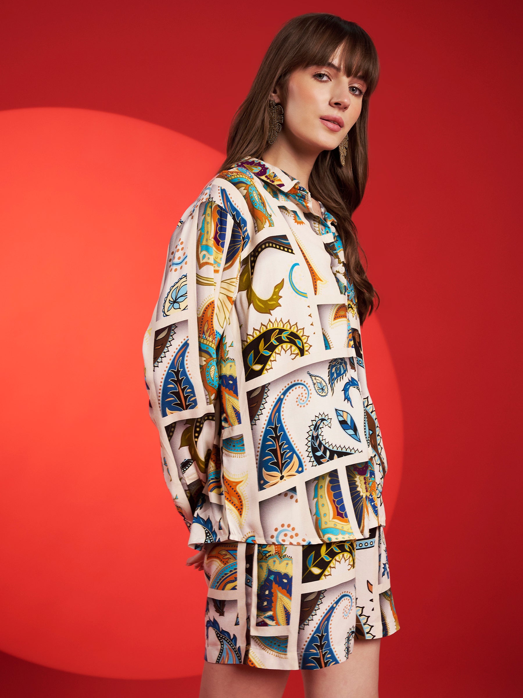 Beige Multicolor Paisley Printed Shirt-Shorts Co-Ord Set