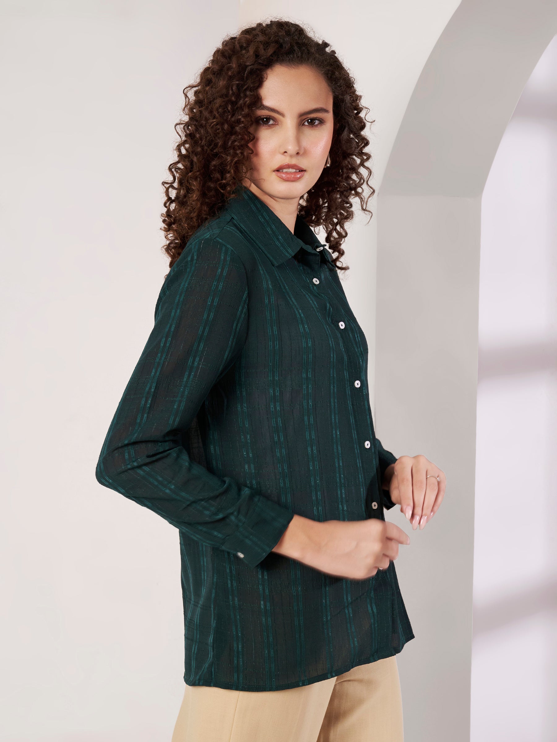 Women Dark Green Textured Regular Fit Full Sleeve Casual Shirt