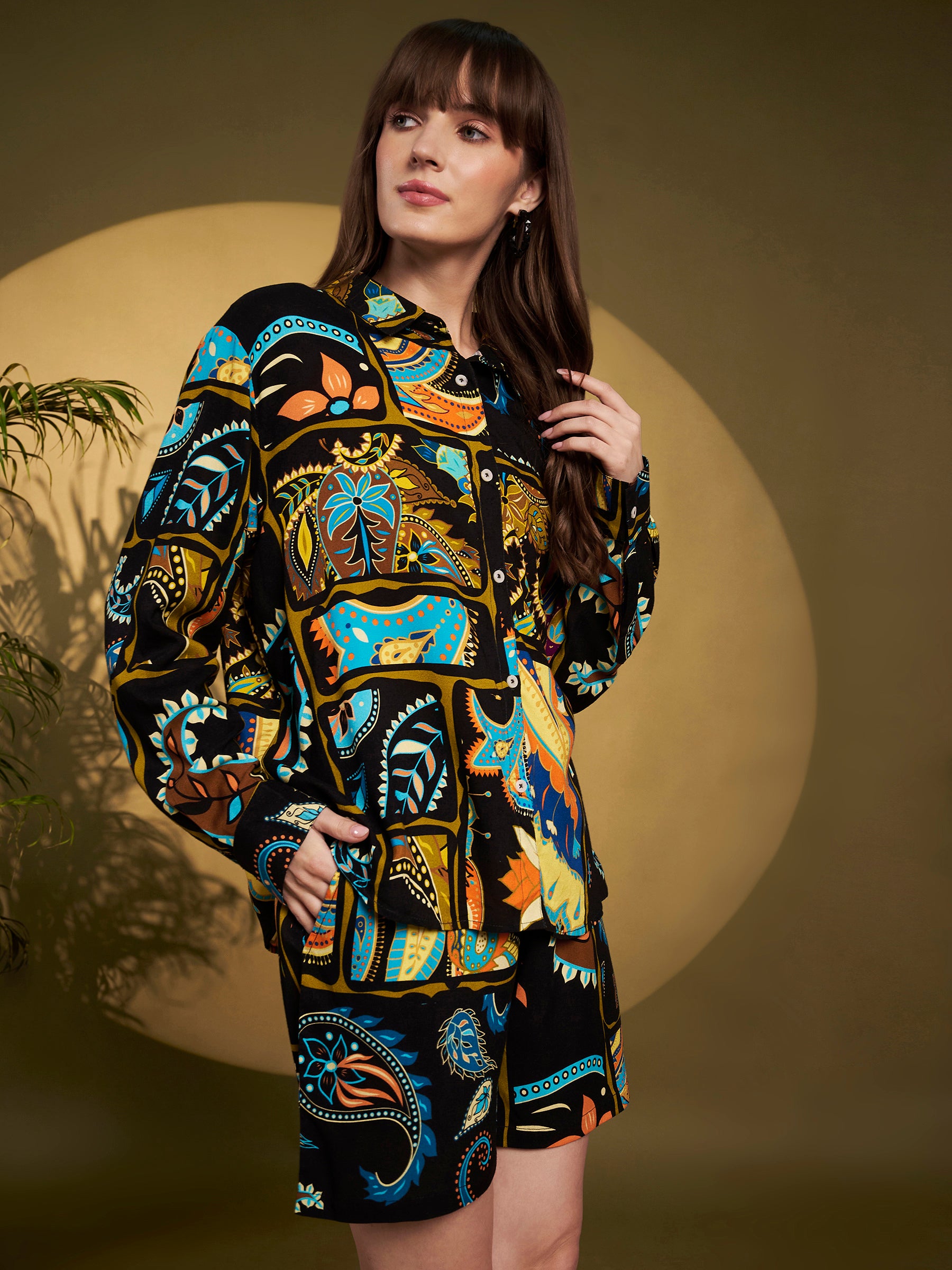 Black Multicolor Printed Shirt-Shorts Co-Ord Set