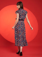 Navy Floral Belted Midi Dress