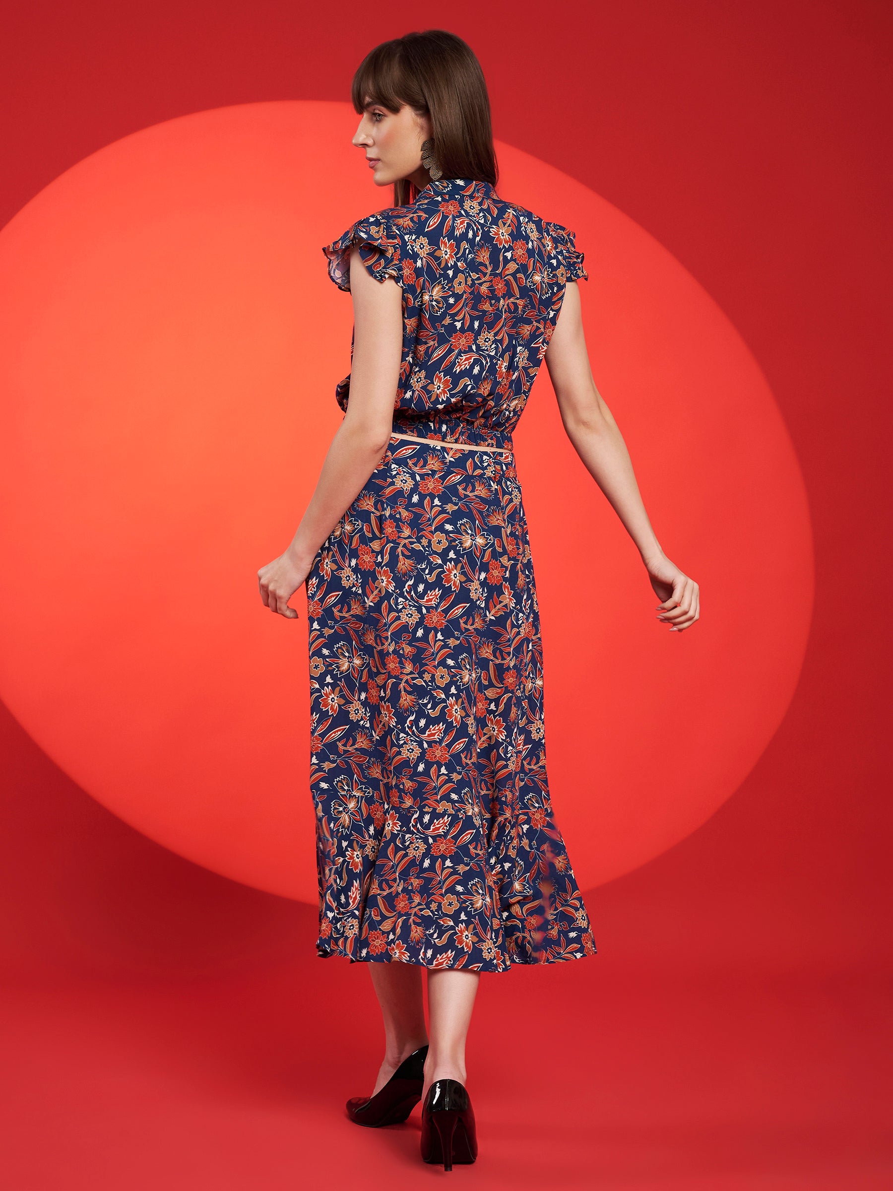 Navy Floral Belted Midi Dress