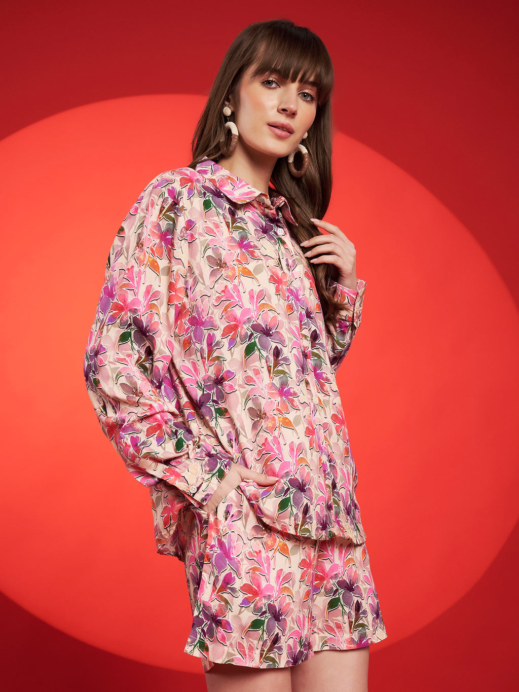 Peach & Mustard Floral Shirt-Shorts Co-Ord Set